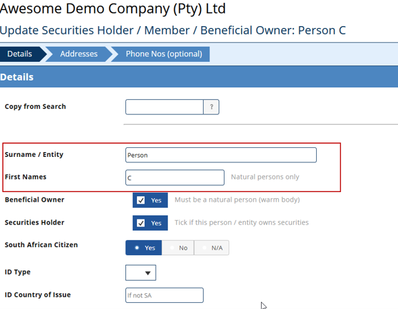 CompanyRegisters Beneficial Ownership Surname/Full Name Field